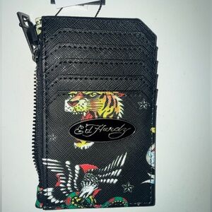 Ed Hardy Black Card Holder with Colorful Tattoo Art